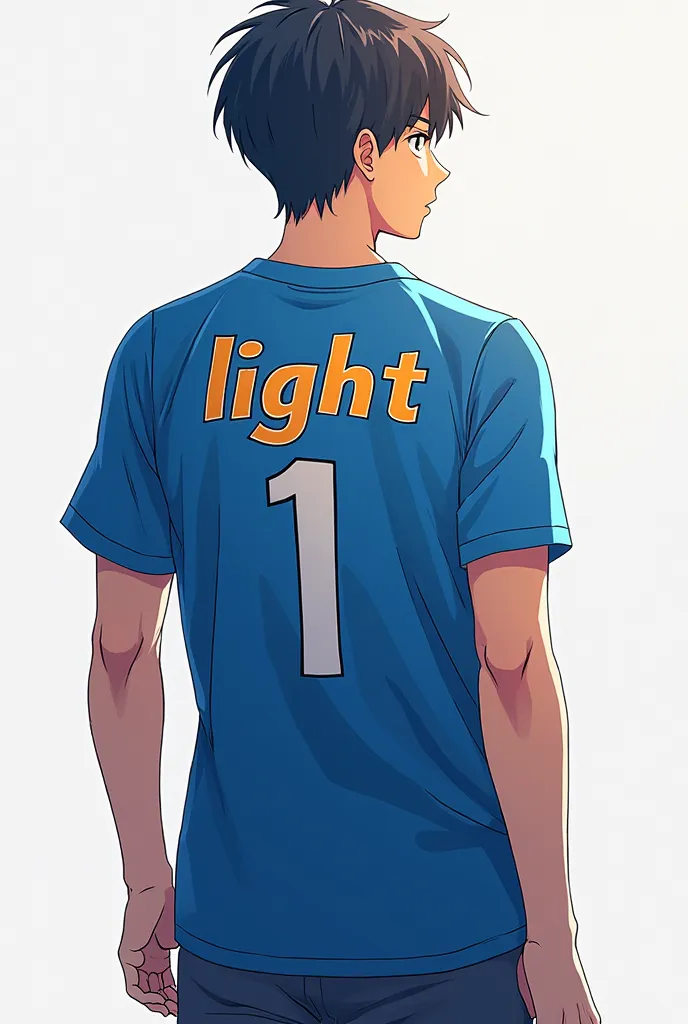 The image is an anime-style illustration of a young man, from the back, wearing a blue jersey with the number 1 and the stylized text "LIGHT"