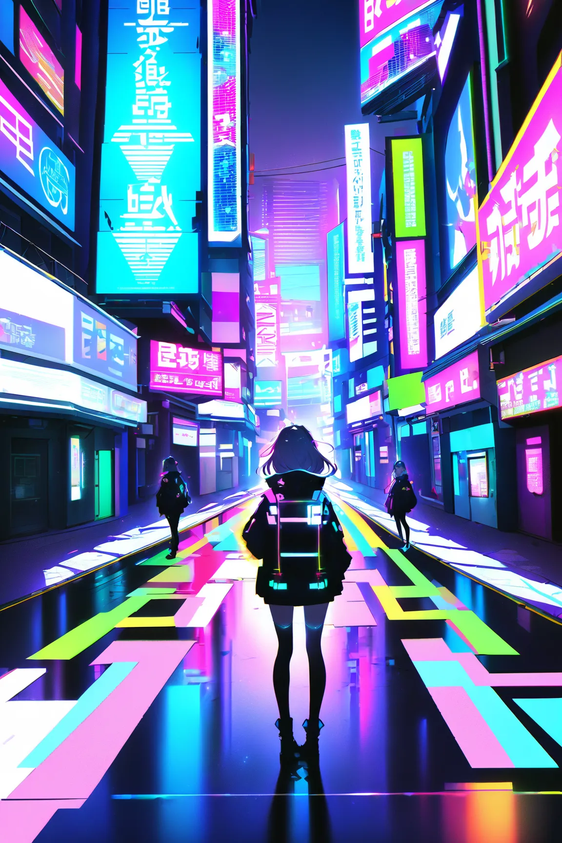 Japanese anime painting style。Cyberpunk Cities of the Near Future、a beautiful girl is standing in a neon-lit alley。Hair color and hairstyle、The outfit is random。A hologram advertisement illuminates the surroundings、a cool situation with a cyber vibe。


