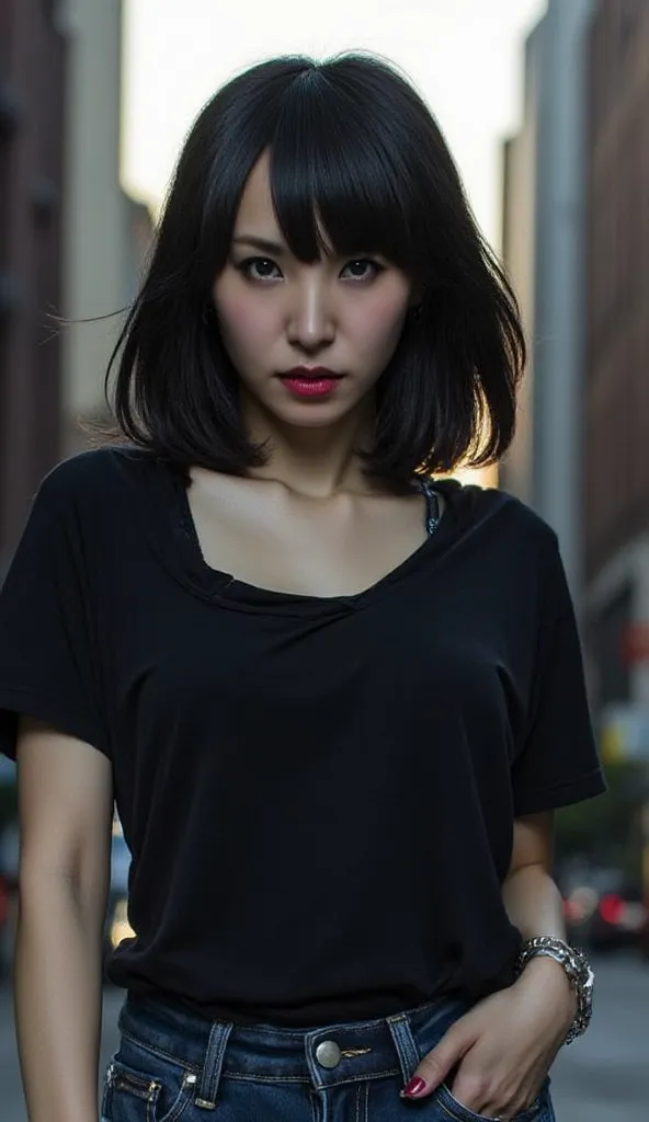 A beautiful woman, downtown , body facing camera, full body view, black casual shirt, denim denim pants, big boobs,  red lips