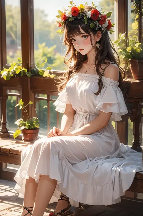 1girl, sandals, dress, head_wreath, sitting, sad, earrings, solo