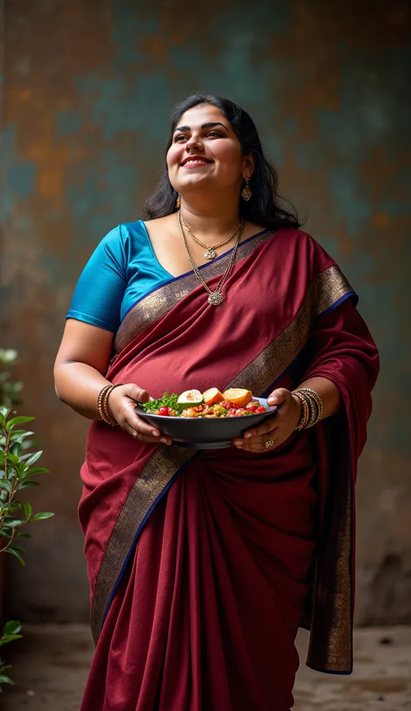 Front view, Indian 26 year old  morbidily obese bride ,(wearing meroon colour glossy saree and blue colour glossy deep neck sleaveless blouse) with huge fat arms and humongous fat arms cooking greasy food with her huge hanging belly exposed. Bride is smooc...