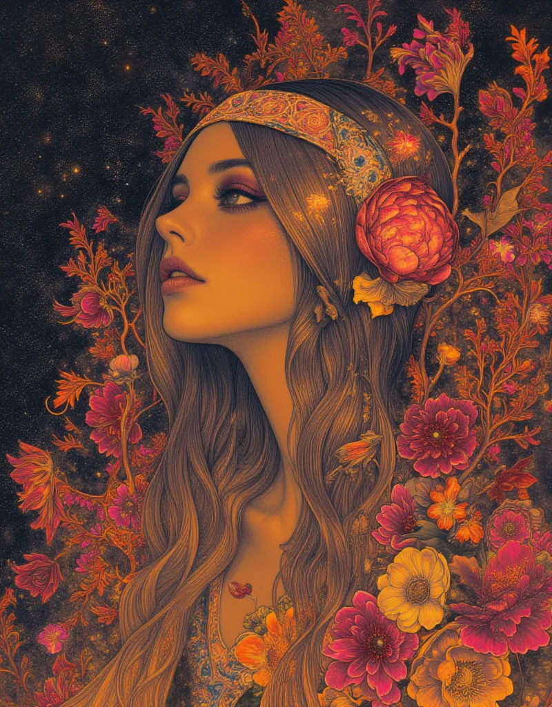 a woman with long hair and flowers in her hair, Hippie girl , Beautiful retro art,  Hot Summertime Hippies , 70s vibe, 1960s flower power hippy, groovy vibe , art deco flower shaman, woman in flowers, Lots of atmosphere, flower , 70's psychedelic style, 70...