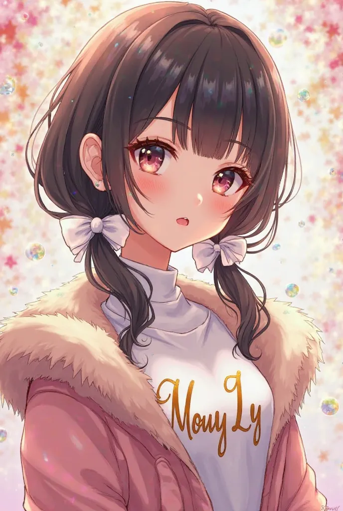 The picture shows a girl with the words "Mouy Ly" written elegantly on her shirt. This picture shows a beautiful girl in an anime style. She has beautiful black hair that is tied in many layers and has white flowers or ribbons tied at the ends of her hair....