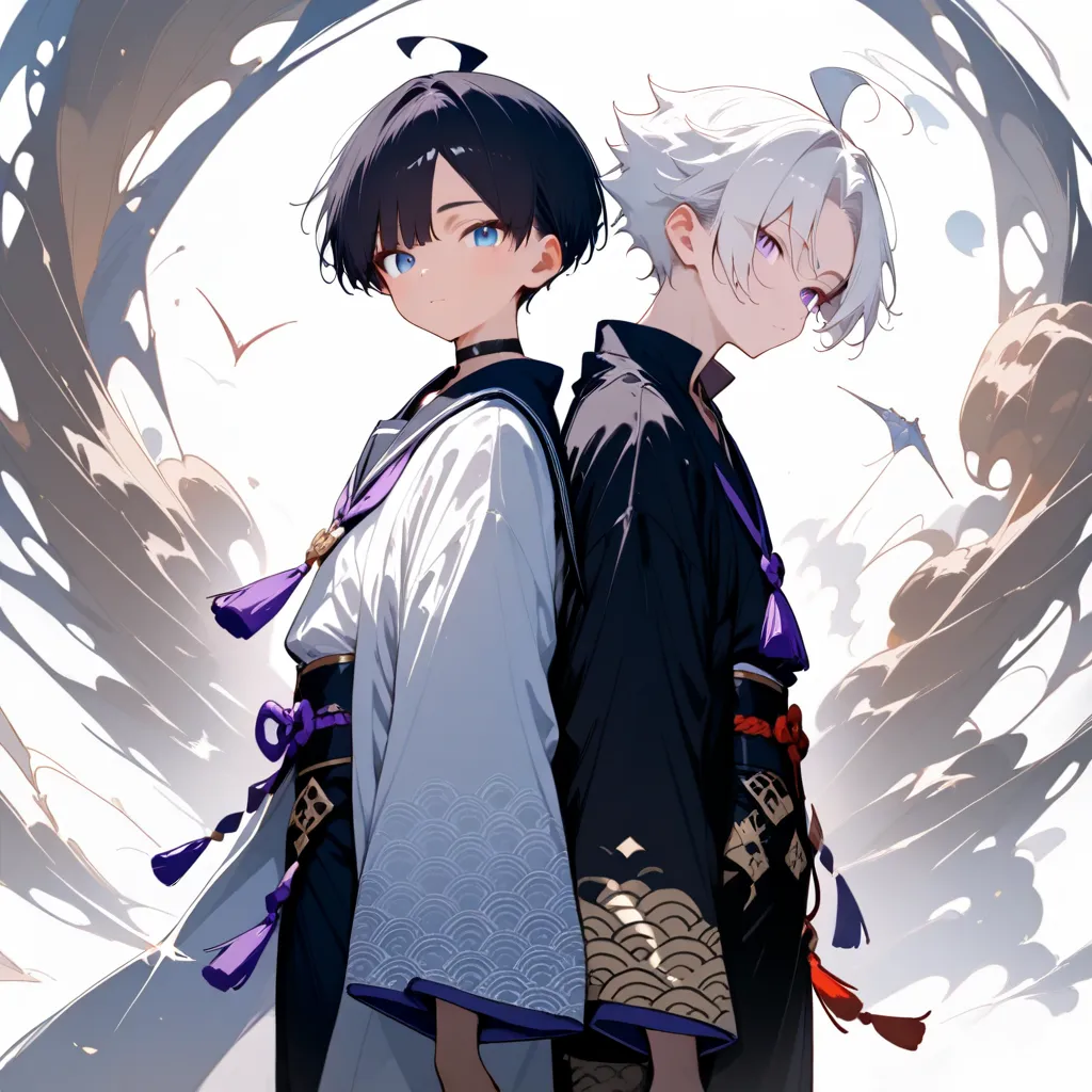 masterpiece, high score, great score, absurdres, 2boys,standing,fair skin,male focus, (duo:1.1), (couple:1.2),short white hair, parted bangs, side fringe, purple eyes,toned,twink,black haori,white kinono, purple cords,black obi,open collar shirt,black chok...