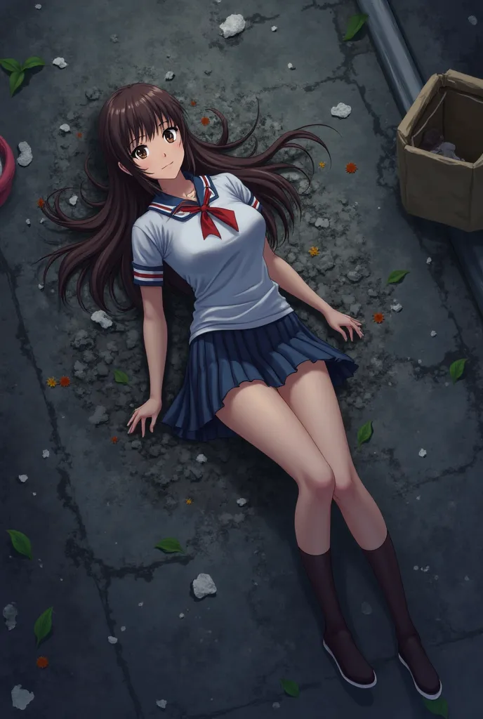 Upside-Down,solo cute woman lies in the garbage bag collection point,dark,night street,dirty school uniform,super-mini skirt,big breast,honoka DoA dead or alive,tifa lockhart,yui kotegawa,rikka takarada,anime style