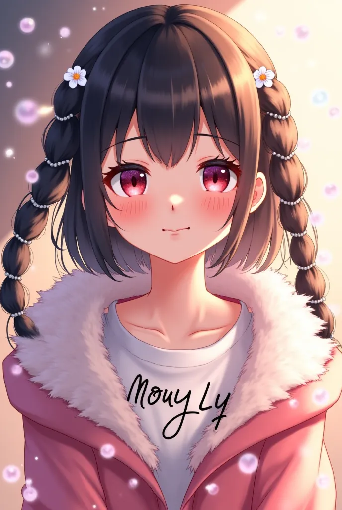 The picture shows a girl with the words "Mouy Ly" written elegantly on her shirt. This picture shows a beautiful girl in an anime style. She has beautiful black hair that is tied in many layers and has white flowers or ribbons tied at the ends of her hair....