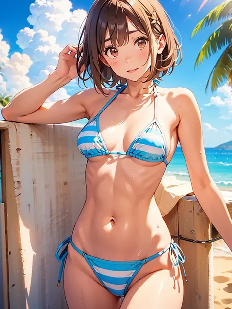 nsfw、toned body、Big Breasts、side、bare thighs、(Brazilian bikini、 micro mini bikini、white and light blue stripes)、solo、(short hair、brown hair、 barrette、hair ornament)、(brown eyes:1.5)、(Yui Hirasawa、Yui Hirasawa、Yui Hirasawa)、(Sweat through the bikini、Mansuji...