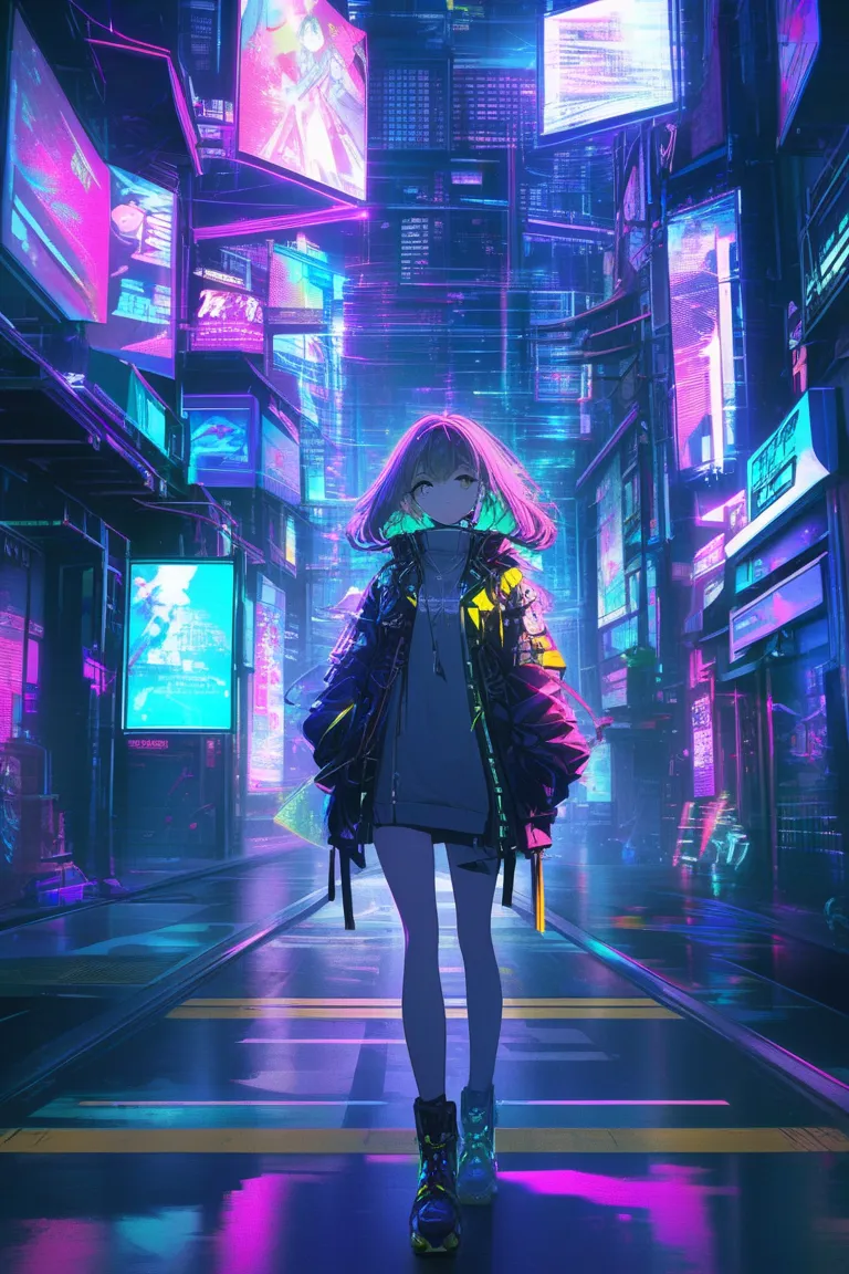 Japanese anime painting style。Cyberpunk Cities of the Near Future、a beautiful girl is standing in a neon-lit alley。Hair color and hairstyle、The outfit is random。A hologram advertisement illuminates the surroundings、a cool situation with a cyber vibe。


