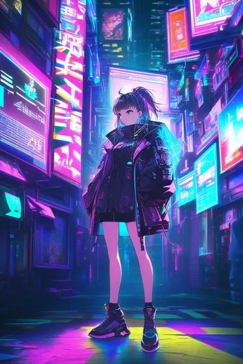 Japanese anime painting style。Cyberpunk Cities of the Near Future、a beautiful girl is standing in a neon-lit alley。Hair color and hairstyle、The outfit is random。A hologram advertisement illuminates the surroundings、a cool situation with a cyber vibe。


