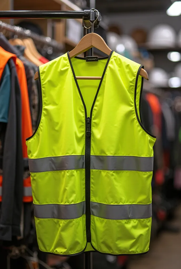  une vest de securiter, dans une boutique d'article de vetement de travaille