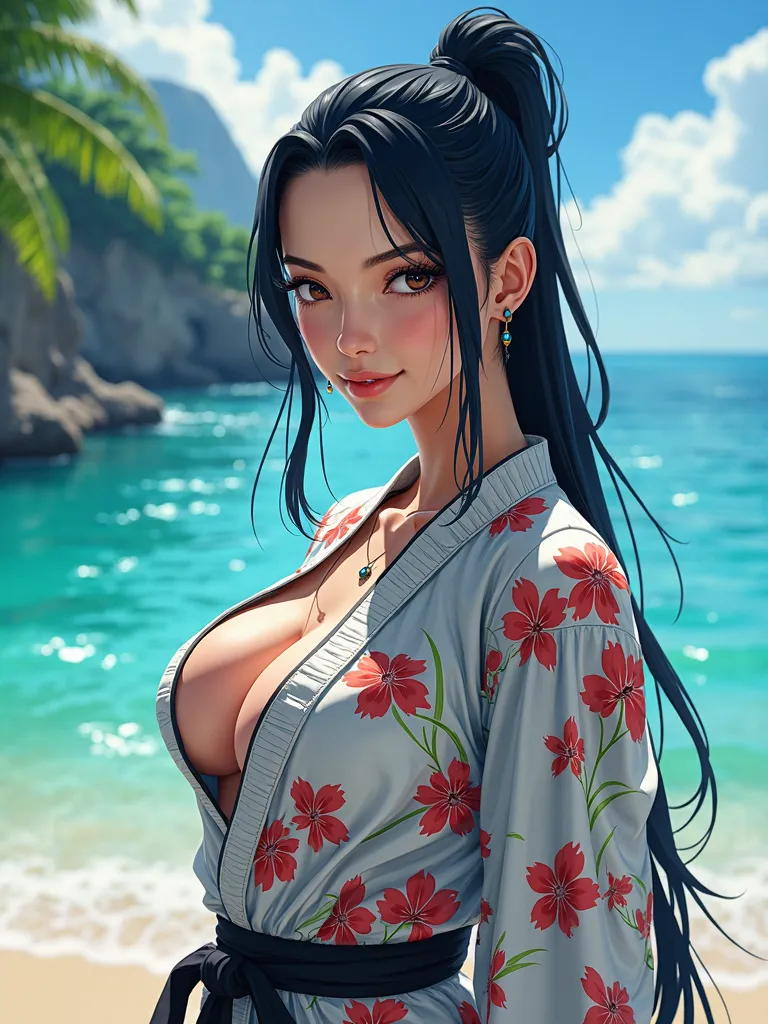 Beautiful 30-year-old girl, very white, , shown as jinbe, (jinbe) , former member of the Sun Pirates pirate group and currently a member of the Straw Hat Pirates group.,Asian, Intense Gesture,bright seascapes,clear air,Bright colors,Real People Photos,Virt...