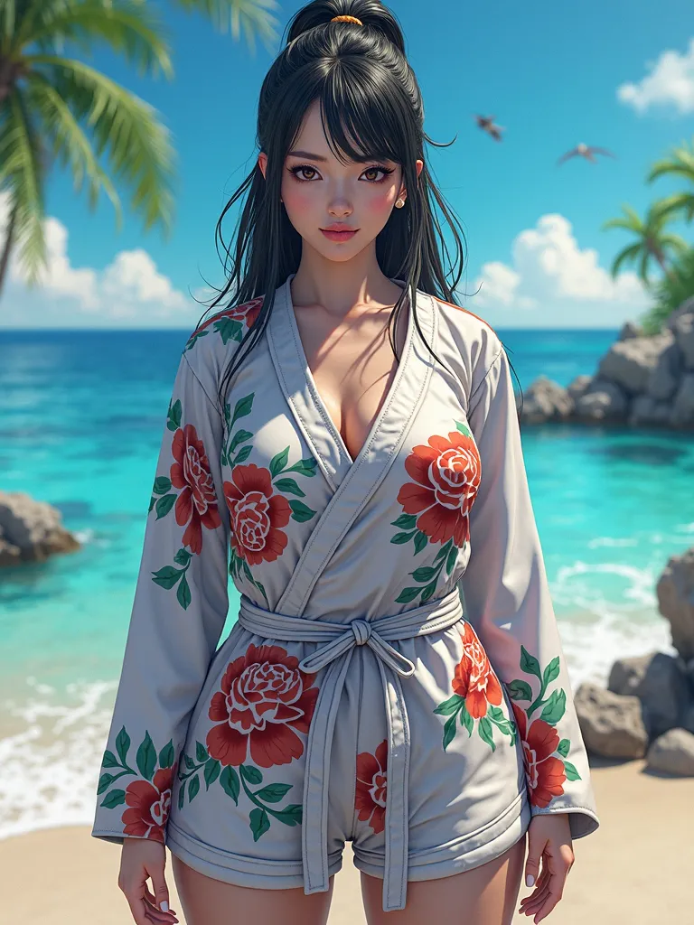 Beautiful 30-year-old girl, very white, , shown as jinbe, (jinbe) , former member of the Sun Pirates pirate group and currently a member of the Straw Hat Pirates group.,Asian, Intense Gesture,bright seascapes,clear air,Bright colors,Real People Photos,Virt...