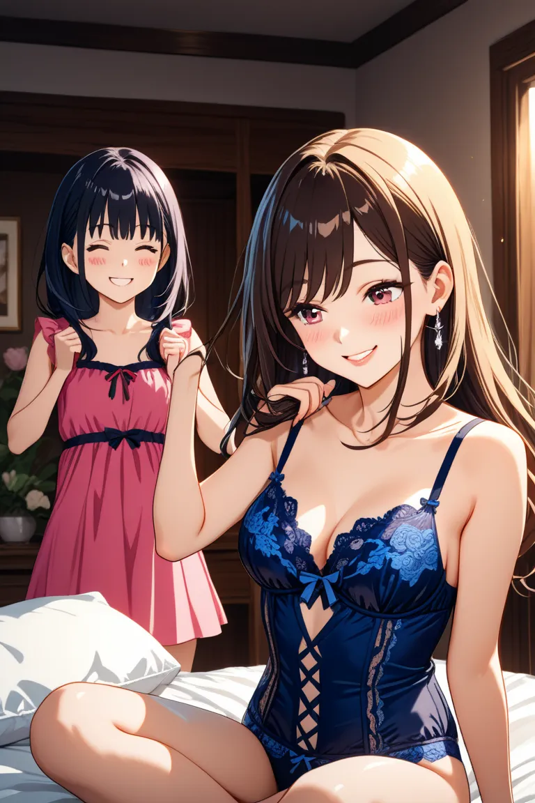 2girls, the One beautiful girl removing her clothes slowly while a second girl with a lingerie is watching with a silly smile