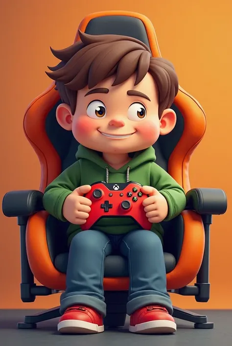 a cartoon character with a rounded face and body about 70 kilos with brown hair sitting in an orange and black gamer chair looking like a gamer and nerd looking like a 40-year-old adult holding a red Xbox Series controller