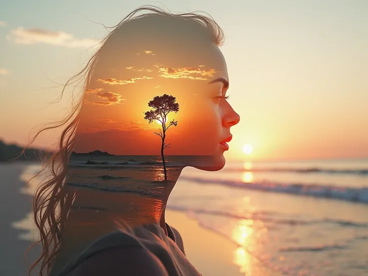 High quality,  8K Ultra HD, Uma bela double exposure que combina uma silhueta de deusa com a costa ao pôr do sol, the coast at sunset should serve as a backdrop, with its details embedded in the goddess,  sharp lines, The background is monochrome, sharp fo...