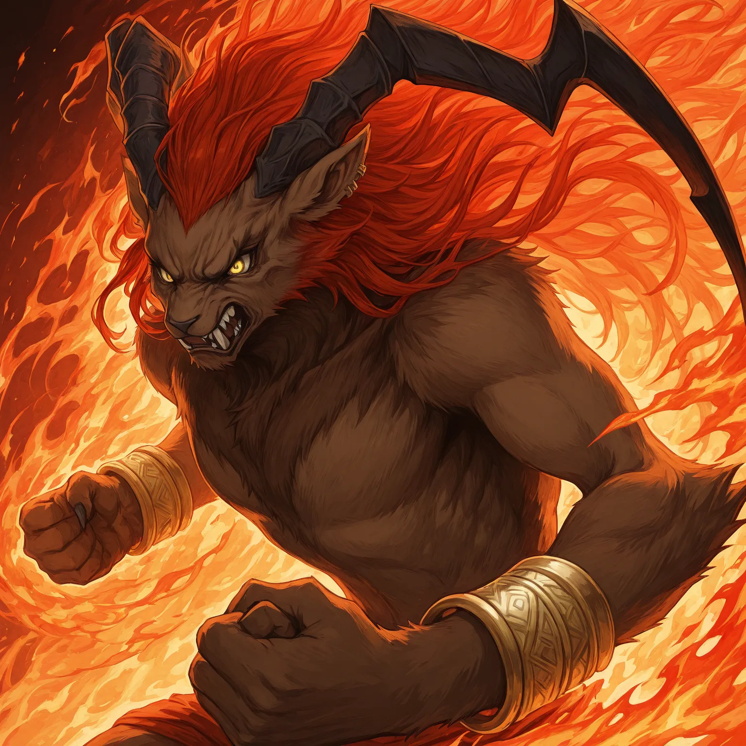 score_9, score_8_up, score_7_up, 8k, detailed design, detailed background, detailed characters, masterpiece, anthro only, furry only, solo,    ifrit_(final_fantasy), ear piercing, red hair, long hair, fangs, horns, yellow eyes, brown fur, bracelet, close u...