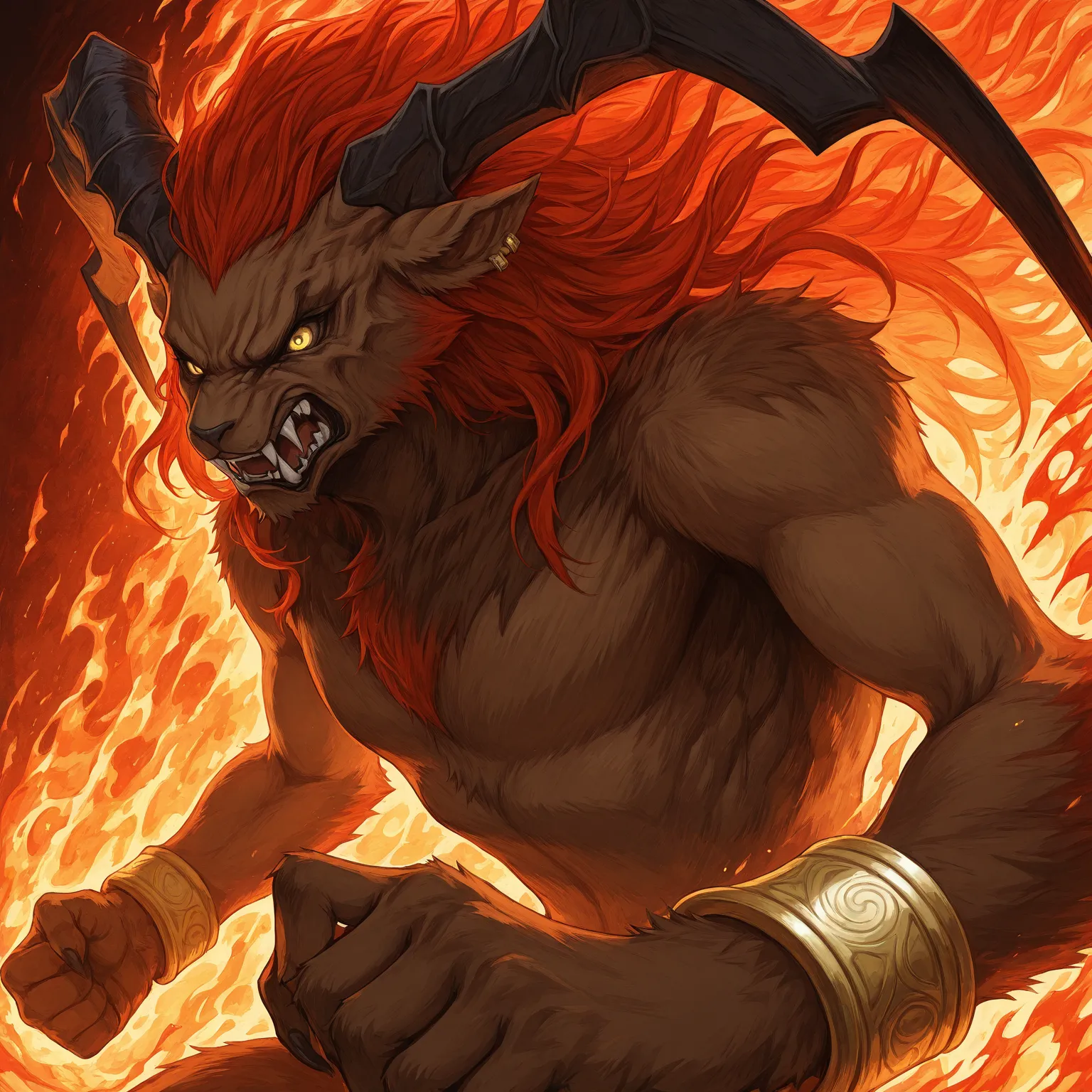 score_9, score_8_up, score_7_up, 8k, detailed design, detailed background, detailed characters, masterpiece, anthro only, furry only, solo,    ifrit_(final_fantasy), ear piercing, red hair, long hair, fangs, horns, yellow eyes, brown fur, bracelet, close u...