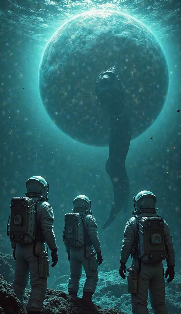 Vertical realistic picture of the center of the earth. Under ocean water, astronauts see the giant dinosaur Nessie
 


