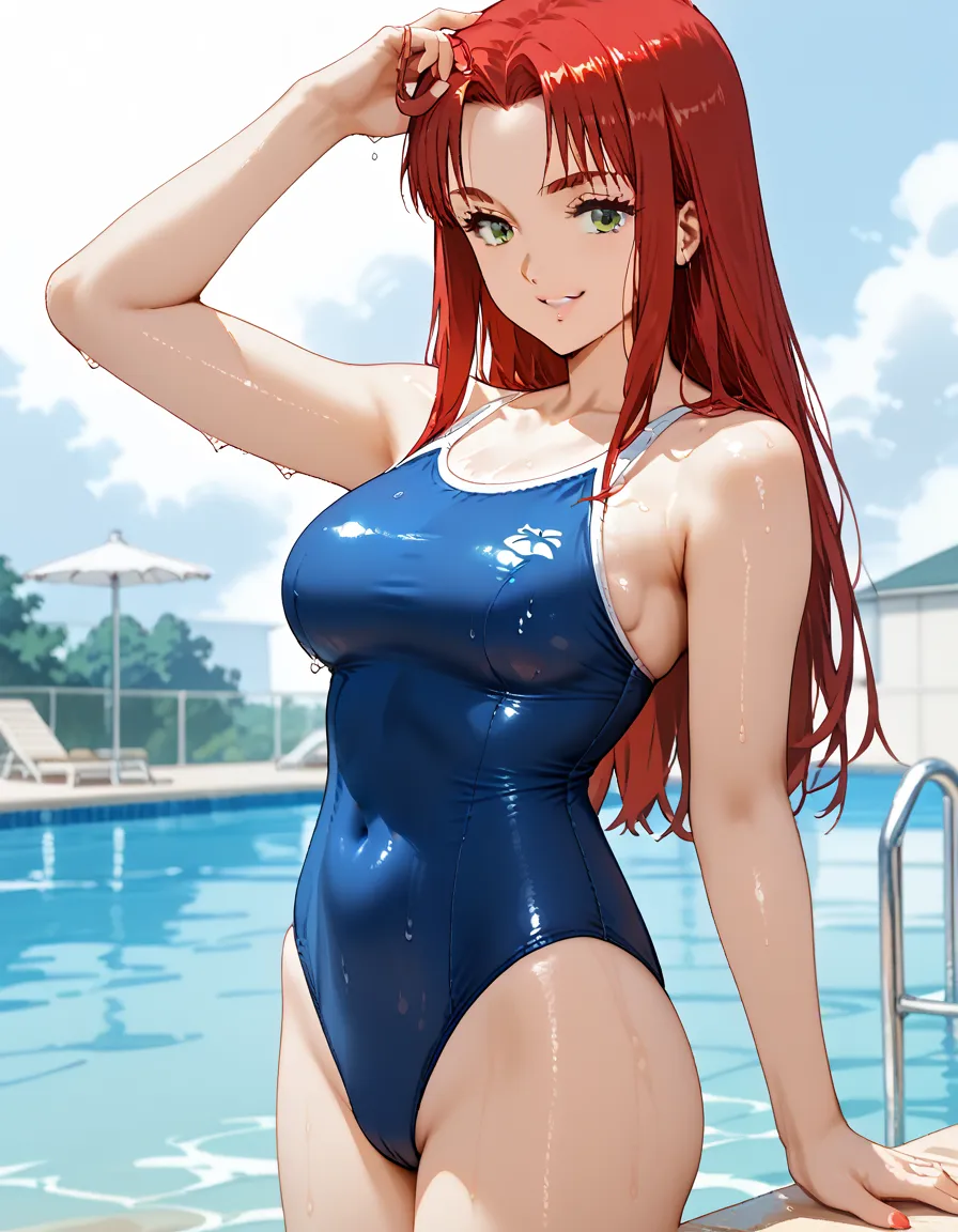 1人of女of子,schools_swimsuit,in_of_ evening,looking at_return,wet, on ESDE_Front ,in_of_ evening,(big breasts、NSFW),(school swimsuit,青いスクールswimsuit,ワンピースswimsuit)、((viewers)),smile、(Christina,Christina,red hair,long hair,amount)