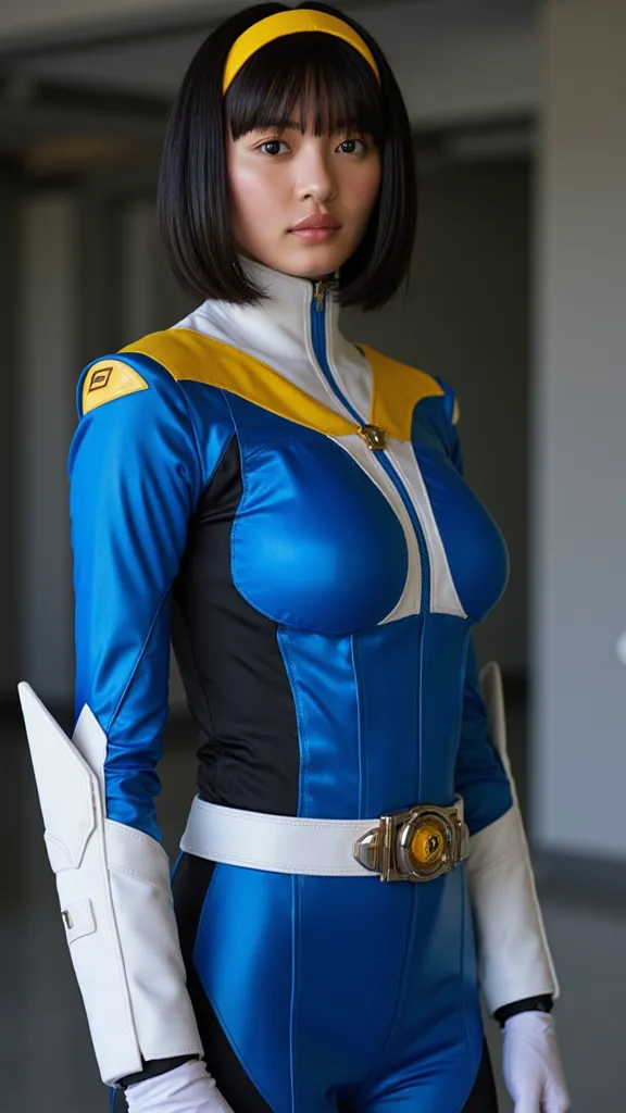 ((realistic)),masterpiece,highest quality,realistic lighting,solo,super_sentai_series, power rangers,((a beautiful woman wearing blue and black futuristic sentai-heroine suit:1.3)),((not expose skin:1.7)),((Realistic shiny High-gloss stretch satin fabric t...