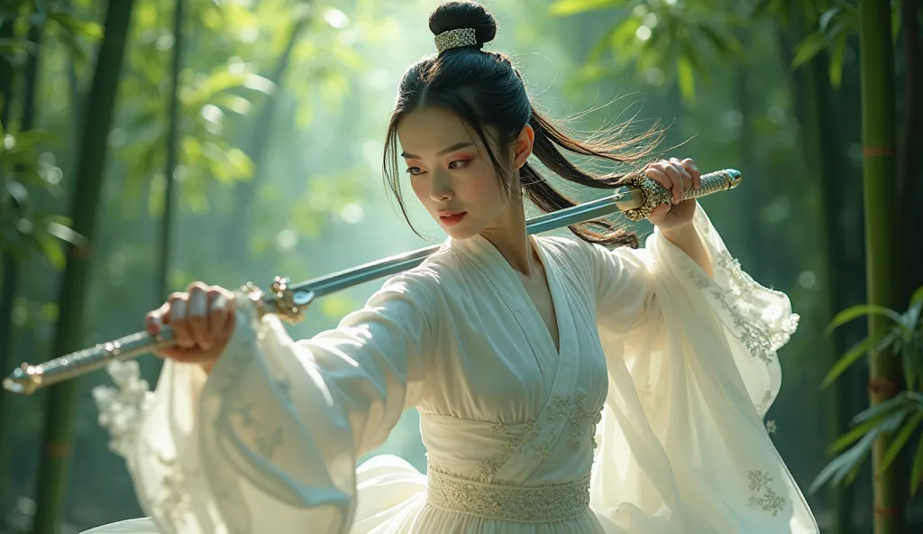 A breathtaking, ultra-high-definition 8K photograph capturing a stunning Chinese woman gracefully wielding a sword in the heart of a lush bamboo forest, exuding an ethereal and otherworldly aura in a classic wuxia-inspired aesthetic. Her flowing, pristine ...