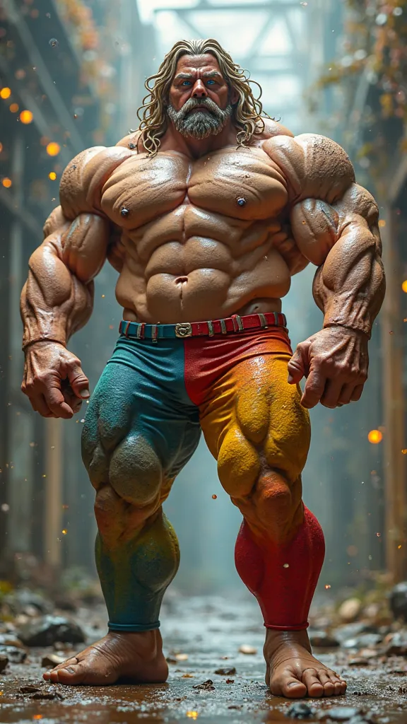 A silicon action figure in a shape of a humongous stocky muscular man wearing rainbow colour lycra pants. Exposed torso. Chiseled body. Super Detailed, Best Quality, High Details, Textured Skin, Award Winning, Expressive Hair, Crystal Earrings, Blue eyes, ...