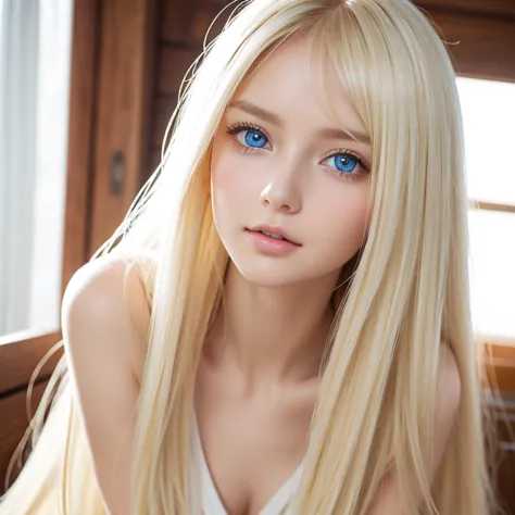 Shiny transparent white skin 、style blonde gets in the way of a pretty face、Colossal、 old cute sexy little beautiful face、 beautiful straight hair that shines 、grow,  bright light blue eyes 、 long silky bangs to cover her pretty eyes , hair that hides a se...