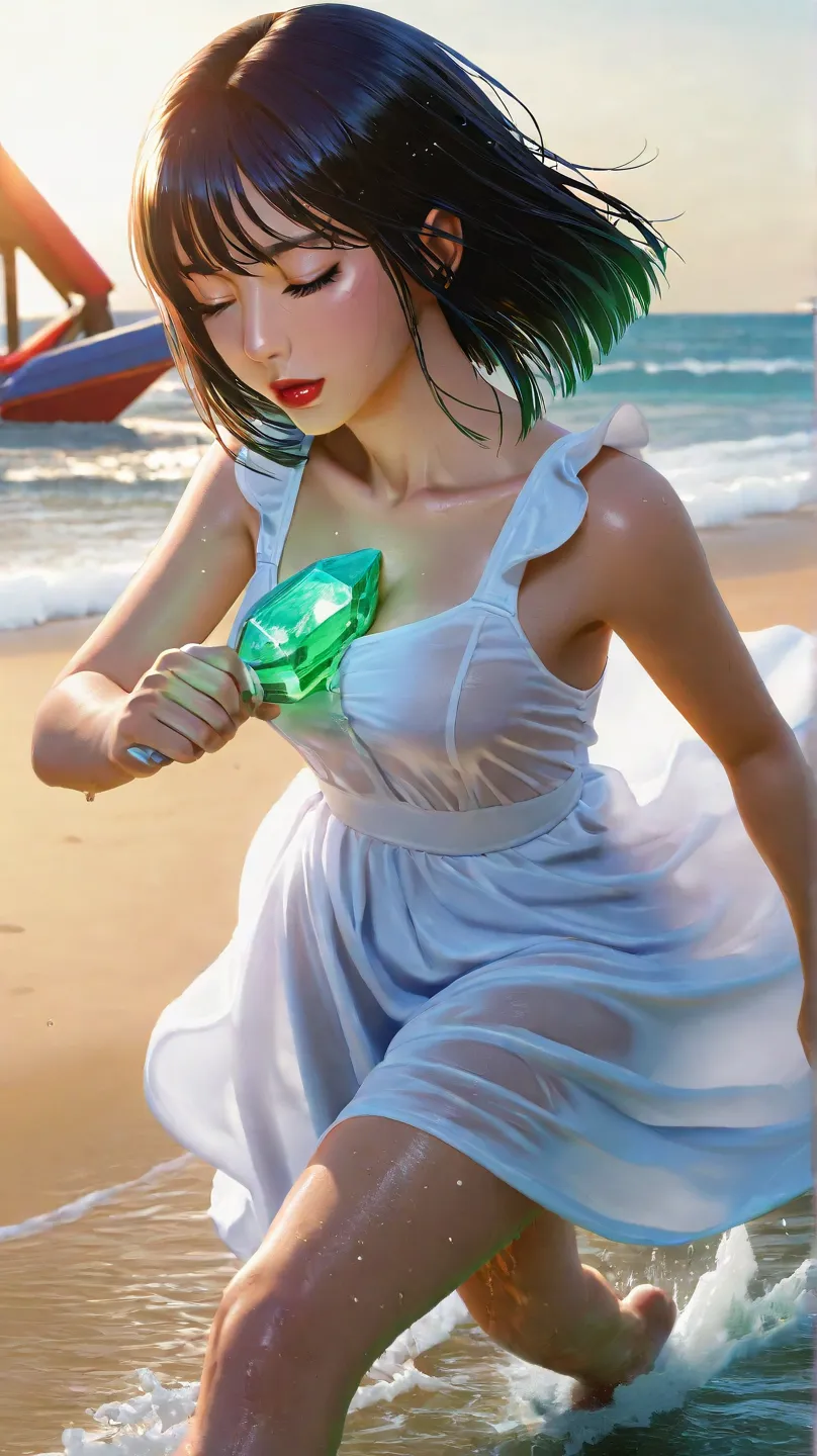 Cinematic photo lens：Sexy Asian woman in a soaking wet white suspender dress，Running and playing barefoot on the golden beach，Sea breeze lifts half-wet black hair，Crystal water drops slide from collarbone to chest，Slow motion captures the moment when hair ...