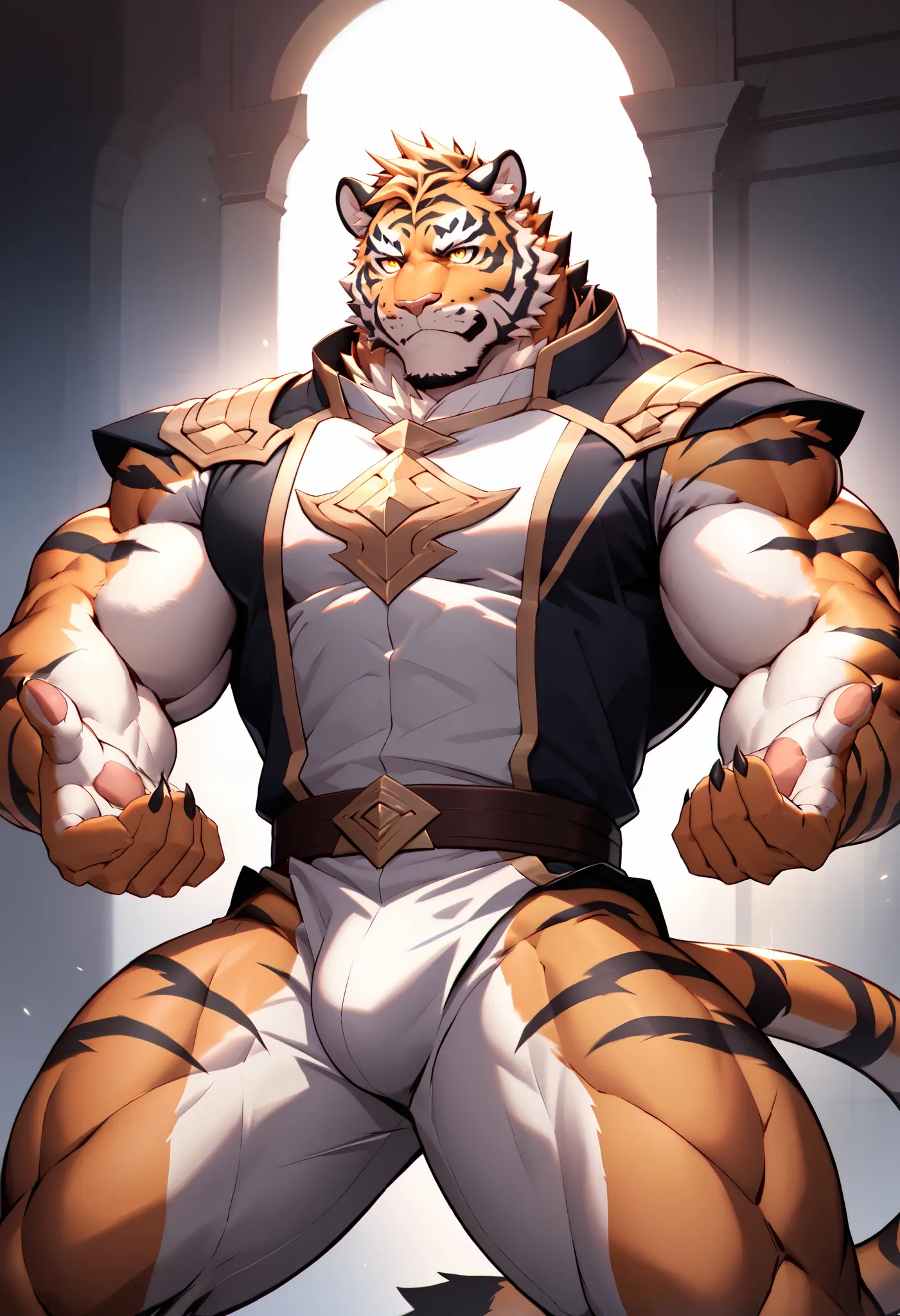 //Quality

masterpiece, best quality, highres, 4k, very awa, ultra-detailed, 

//Character

solo, male focus, mature male, adult,

furry, anthro, tiger furry, tiger ears, tiger tail,

tall male, extremely muscular male, very muscular, bara, (bulge:1.2),

/...