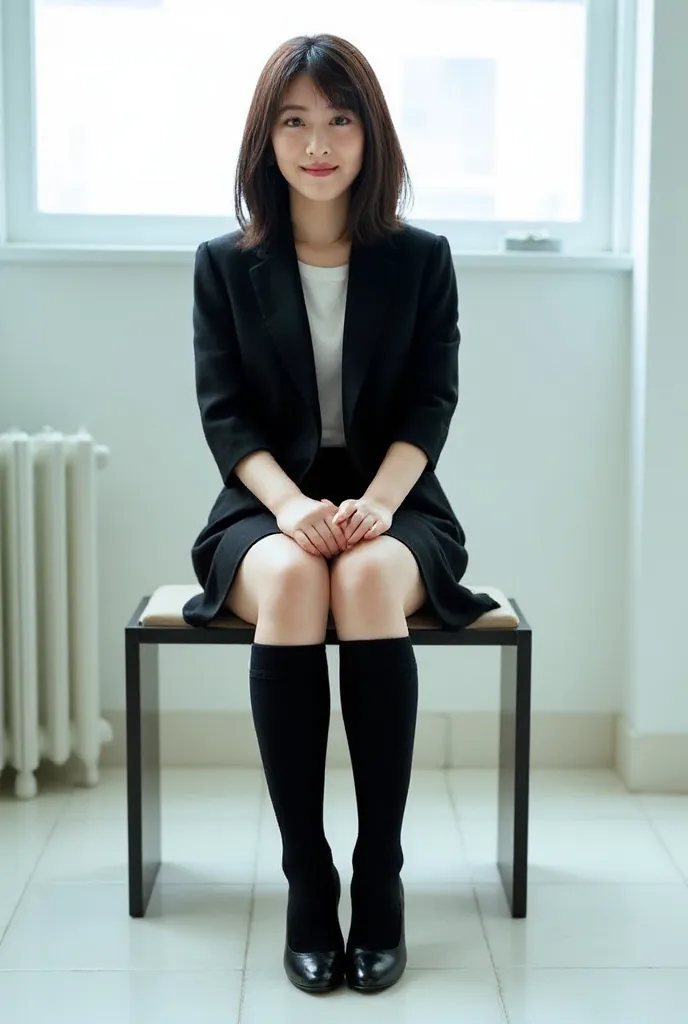 (    photorealism   :1.2)、 full body portrait 、Smelling black high  socks 。  beautiful日本人モデル、39;  thick legs、  woman  、39;   office worker uniform   、   black high heels   、smile、Bench on the White Floor 、  Open your legs a little 。 super realistic thick b...