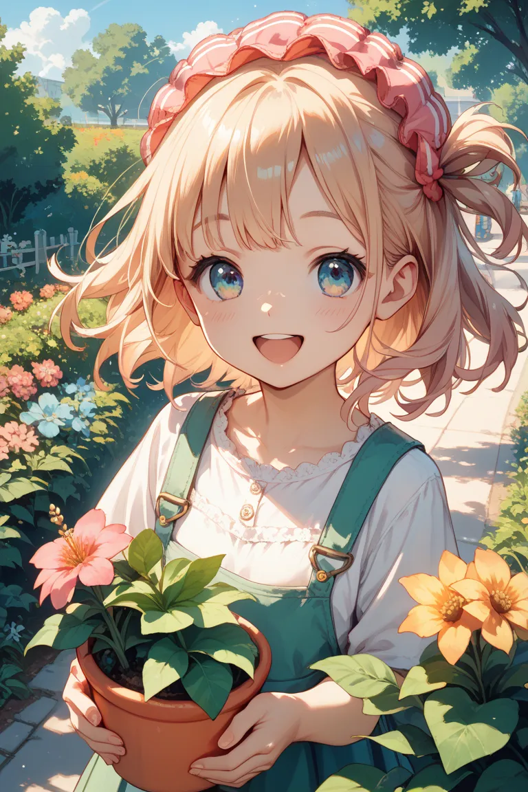 a girl, kindergarten, happy, cute, medium shot, A  is flowing from his head.