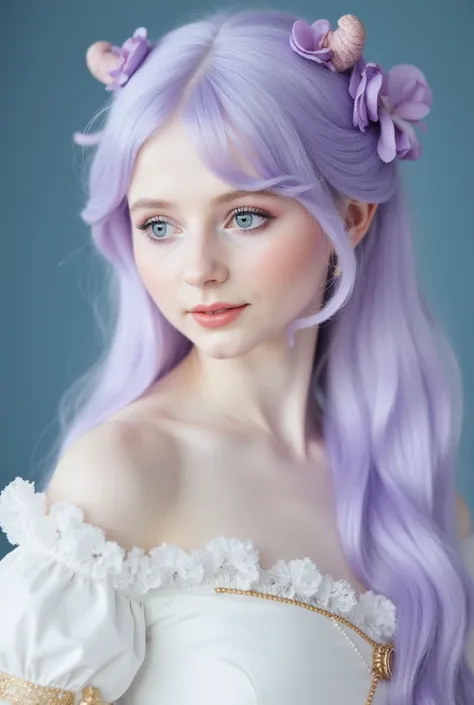 A graceful young woman with long, pastel lavender hair adorned with purple flowers and elegant accessories resembling horn-like decorations. She wears an off-shoulder white dress with delicate gold accents, ruffled sleeves, and a soft, ethereal design. Her...