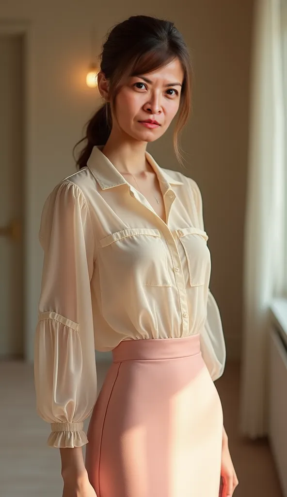 High quality, actual ,   Oriental Beauty   ,151cm,40kg,young white-collar women,   front full body,  Elegant posture  ,beige tulle chiffon shirt top,Pink shiny satin mermaid skirt,Interior scene,gentle natural light,Fine texture, HD, fine details,Scale 1:3...