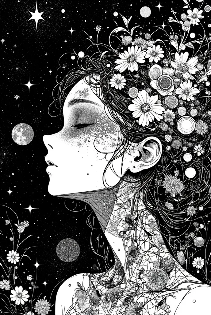  white black、with flowers in her hair,  face blending into space ,  by Virgil Finley  ,  Inspired by Dan Hillier , starry sky, Disney and Dan Hillier ,  Mobius and Dan Hillier  , inspired  by Virgil Finley  , starry skyの中,  Complex Carbon Illustrations ,  ...