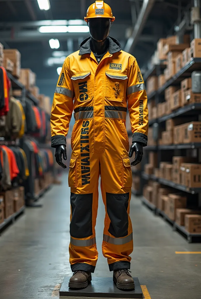 Men's jumpsuit with safety writing in a workwear store