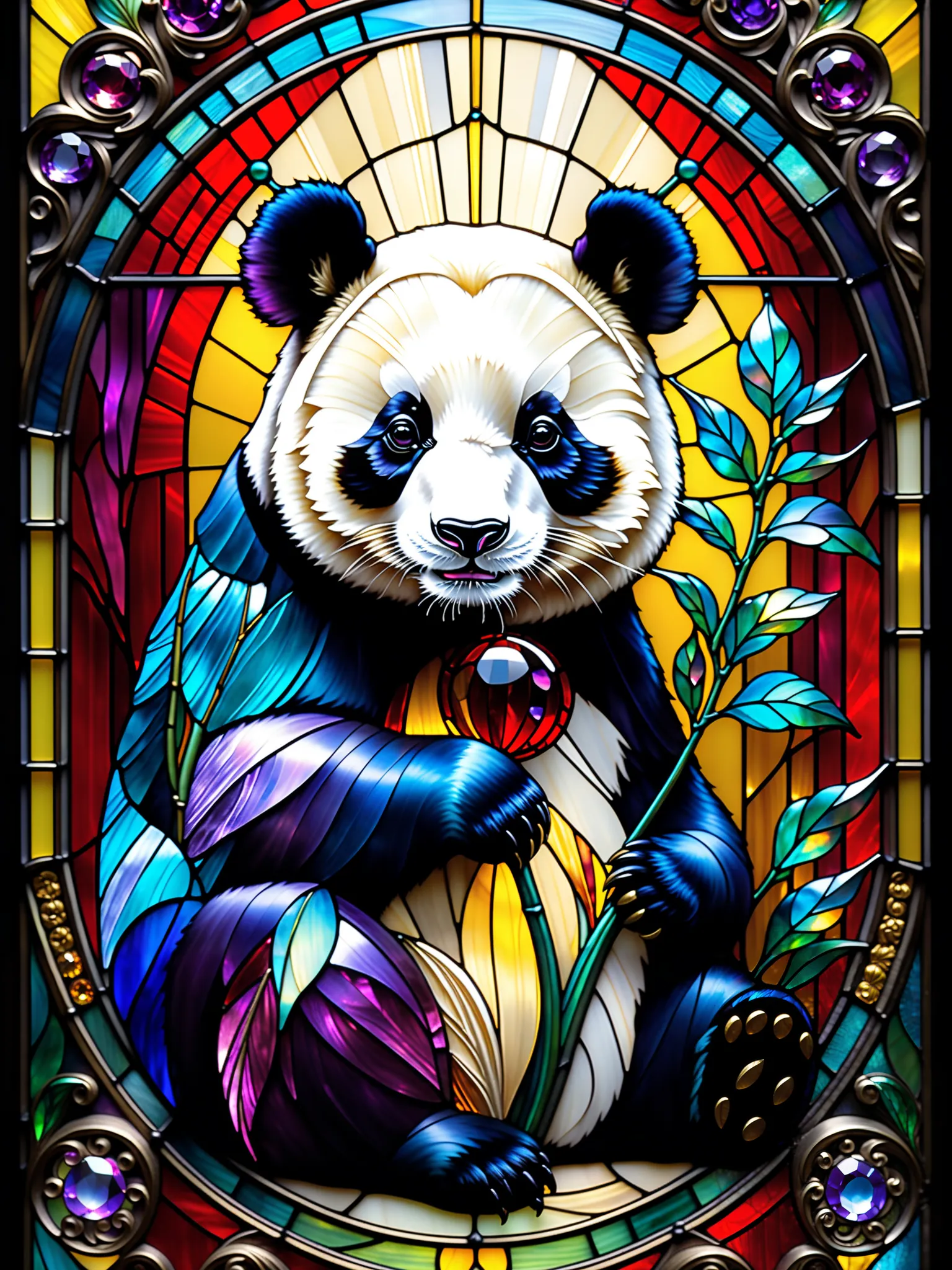 Three primary colors , like the movie, Close up of a stained glass panda, stained glass panda, Baroque, Claora, very detailed stained glass, amethyst crystal, Iridescent Labradorite Crystals,  Andy Kehoe , John Blanche, intricate and highly detailed backgr...