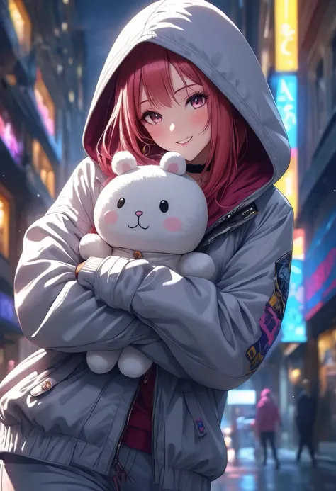 1 woman, \Character "Atlas"\, with plush toy, Alone, the plush toy is a cute rabbit, she is holding the plush toy's ears, detailed and precise hand,
\Atlas\ is wearing simple (Hooded parka,\not bunny ears:1.2)\, and she's wearing loose sweatpants, pop str...