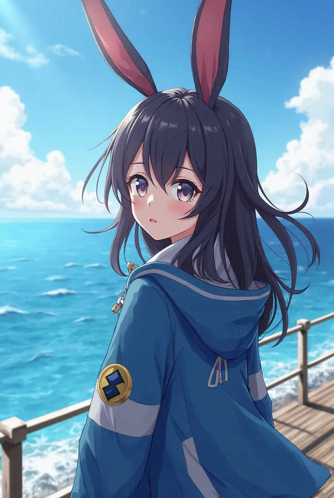 a woman in a blue jacket and bunny ears standing by the ocean, fine details. girls frontline, from girls frontline, girls frontline style, girls frontline universe, girls frontline cg, anime visual of a cute girl, girls frontline, kantai collection style, ...