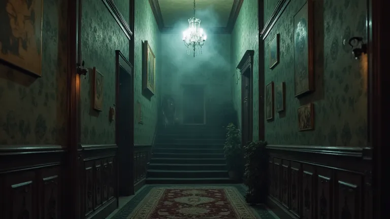 professional photo, photo photography, inside a luxury house around the 1920s, with an old interior, stairs to the ground floor, old creepy paintings, dim lights, smoke, thick fog, dark, at night, midnight, eerie atmosphere, horror movie