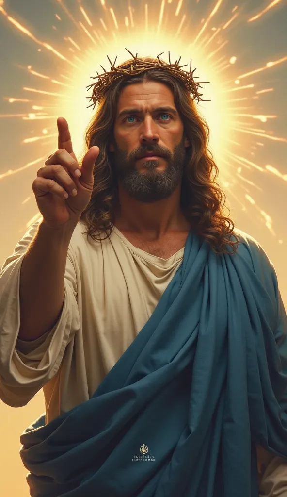 Jesus stands, solemn and unshaken, his piercing blue eyes burning with divine intensity. His long hair flows, his beard thick and noble, and upon his brow rests a cruel yet sacred crown of thorns—symbols of sacrifice and redemption.

He raises his hand, hi...