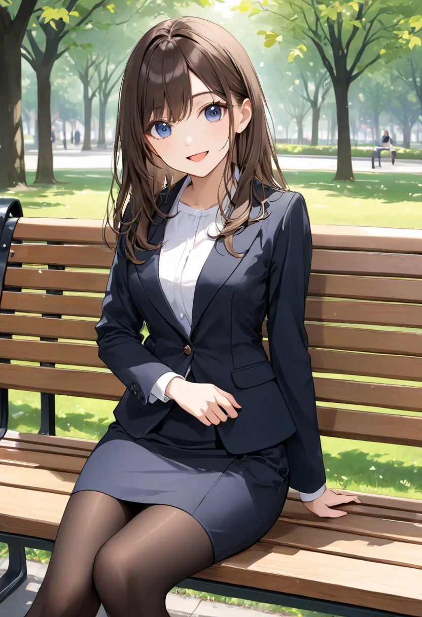 masterpiece, top quality, 1 girl, hand between legs, solo, SMALLE BREASTS, dark blue eyes, brown hair, bungs, long hair around the chest, from the front, office style,  black jacket、white slash neck shirt, black pencil skirt, (midi length skirt:1.2), Black...