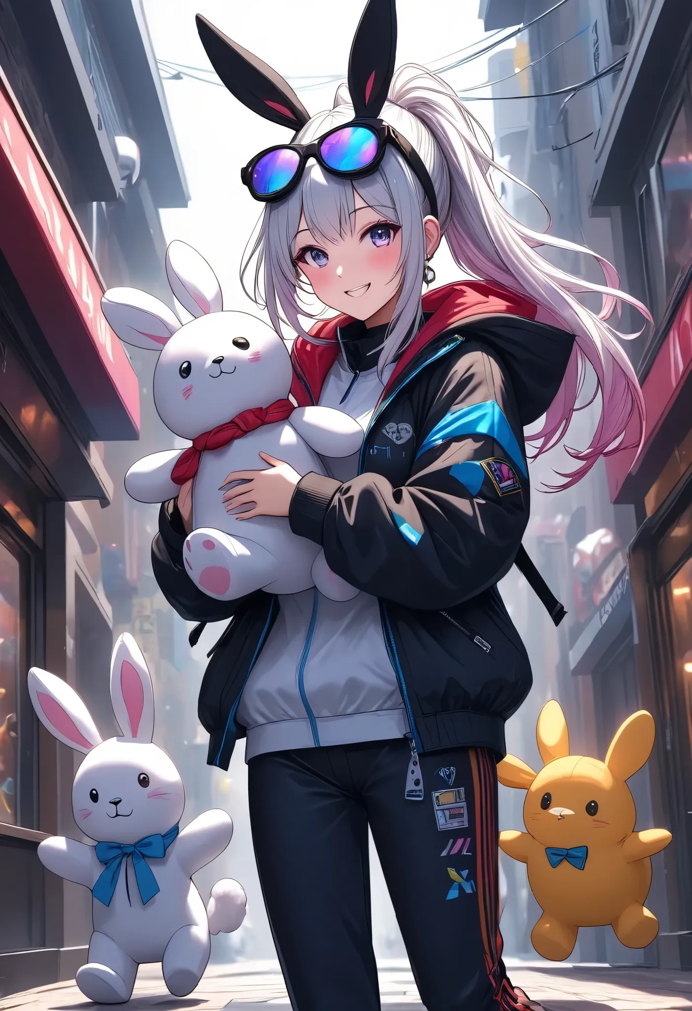 1 woman, \Character "Atlas"\, with plush toy, Alone, the plush toy is a cute rabbit, she is holding ears of the plush toy, 
\Atlas\ is wearing simple (Hooded parka,\not bunny ears:1.2)\, and she's wearing loose sweatpants, pop street casual, 
BREAK She wal...