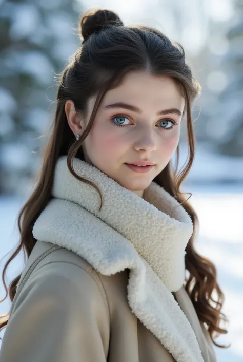 "Create a highly detailed winter portrait of a young woman with long, dark hair styled in a loose bun with delicate strands framing her face. She has a gentle and expressive gaze with large, shimmering eyes and a soft blush on her cheeks. She is dressed in...