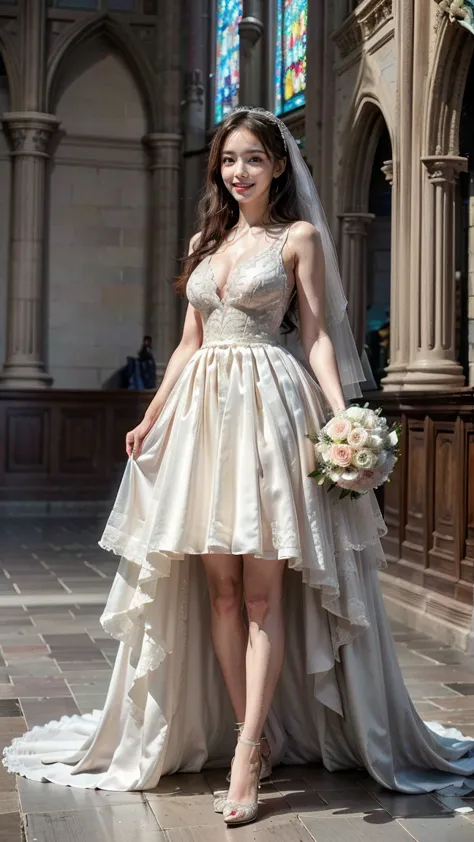 A beautiful young Japanese woman, 26 years old, with healthy thighs, beautiful legs, flawless skin, random hair color and style, large breasts, wearing a (wedding dress:1.3), (she is standing:1.2), full body shot, high heels, holding a bouquet in her hands...