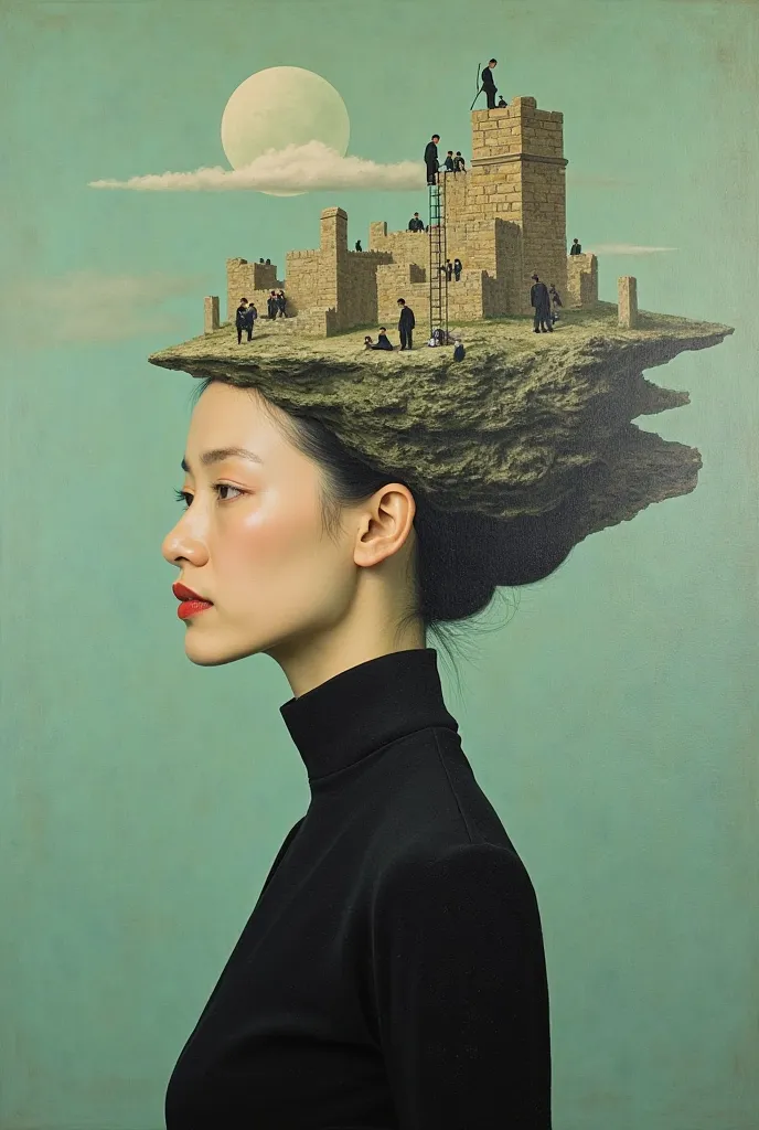 Symbolism, surrealistic painting. neutral, empty textured, light emerald   background with pale small moon, pale cloud and the the top of a transparent mountain. portrait of an Asian woman dressed in black, whose face is 2 times long than its wide, with a ...