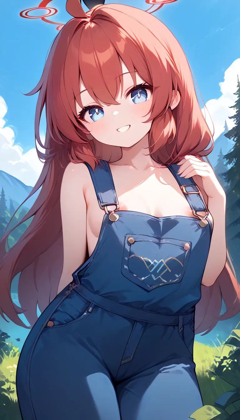 maki \(blue archive\),blue eyes,red hair,straight hair,long hair,ahoge,halo, Alone, you can see your eyebrows from inside your hair, hair between their eyes, naked overalls, overalls, sideboob, cleavage,  areola, viewers, masterpiece, top quality, very aes...