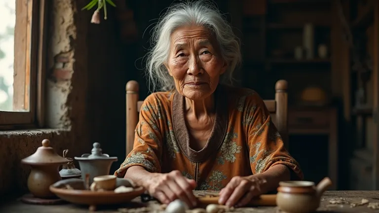 Create a very detailed digital painting of a 60-year-old Indonesian white-haired grandmother with a deep eye gaze, wearing a dirty shabby kebaya shirt. He sits on a wooden hut chair, evoking an ancient and mystical atmosphere. His lighting is soft and atmo...