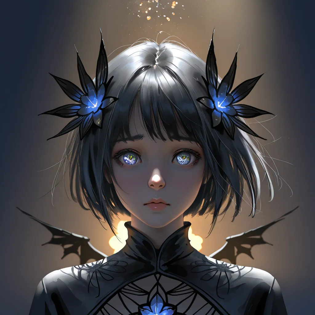 hA full-length, portrait of cute little sad animal-like spirit of darkness and web with dark wings, cute and adorable, filigree, reflective eyes, flowers, rim lighting, lights, detailed eyes. magic, surreal, fantasy, digital art, wlop, artgerm and james je...