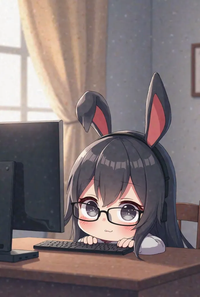 Create me a chibi girl in anime realism. She has long dark gray hair with rabbit ears in the color of her hair. In glasses. Gray eyes. She sits in a room at a table, her head lies on the table, looking at the computer.