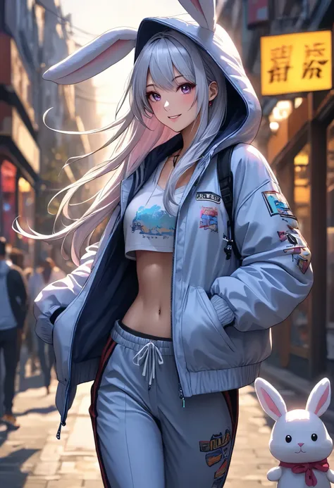 1 woman, \Character "Atlas"\, with plush toy, Alone, the plush toy is a cute rabbit, she is holding the plush toy's ears, detailed and precise hand,
\Atlas\ is wearing simple (Hooded parka,\not bunny ears:1.2)\, and she's wearing loose sweatpants, pop str...
